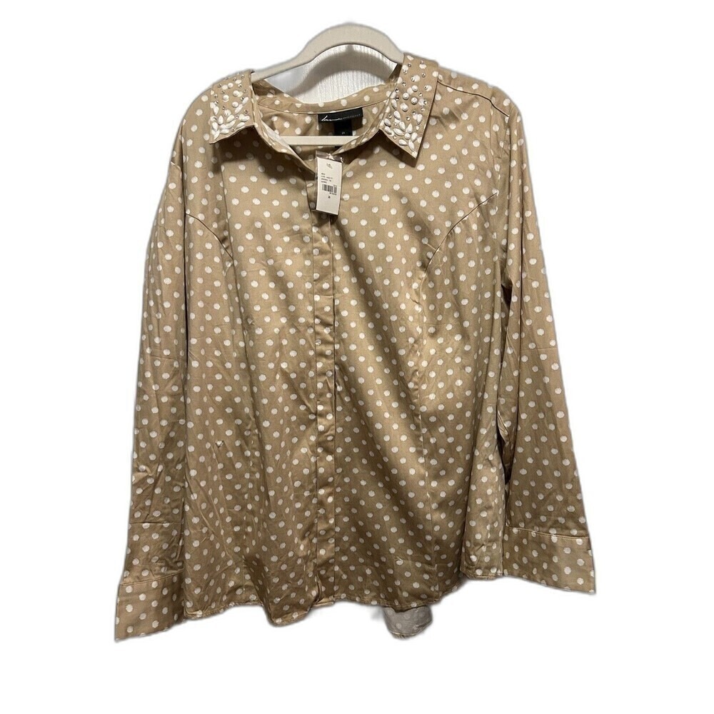 Lane Bryant Shirt Womens 26 Tan Polka‎ Dot Rhinestone Beaded Collar Button Down